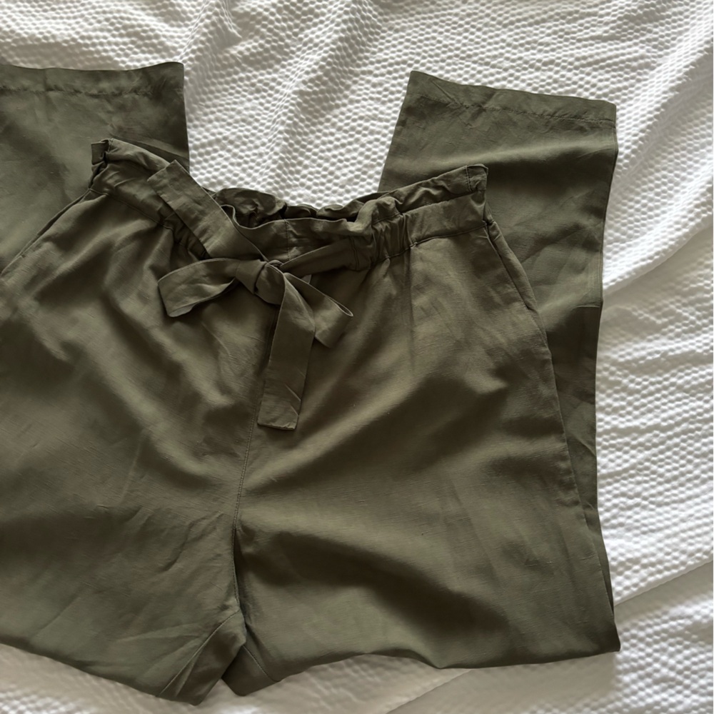 Emerson Fry Army Green High Rise linen Blend Paperbag Pants - Picture 8 of 16